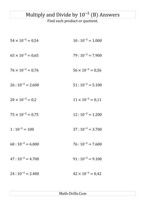 The Multiplying and Dividing Whole Numbers by 10<sup>-2</sup> (B) Math Worksheet Page 2