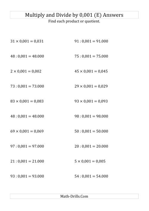 The Multiplying and Dividing Whole Numbers by 0,001 (E) Math Worksheet Page 2
