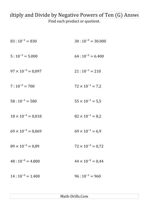 The Multiplying and Dividing Whole Numbers by Negative Powers of Ten (Exponent Form) (G) Math Worksheet Page 2