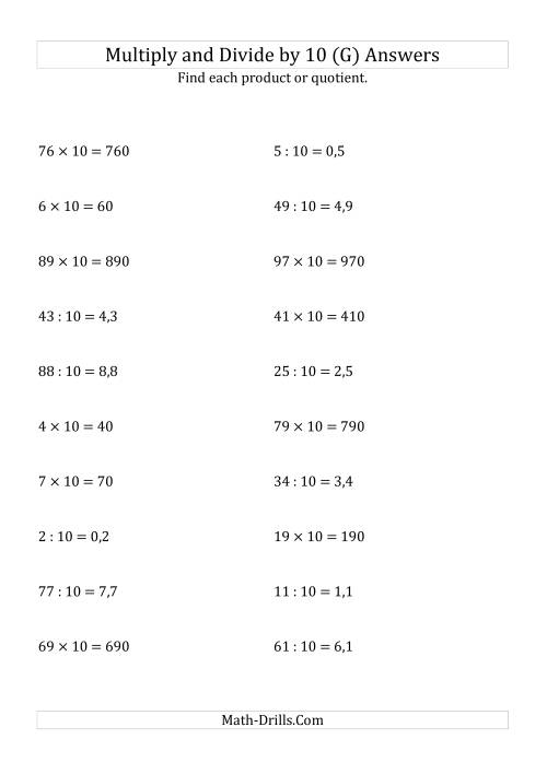The Multiplying and Dividing Whole Numbers by 10 (G) Math Worksheet Page 2