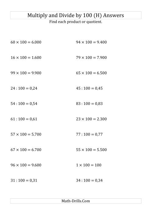 The Multiplying and Dividing Whole Numbers by 100 (H) Math Worksheet Page 2