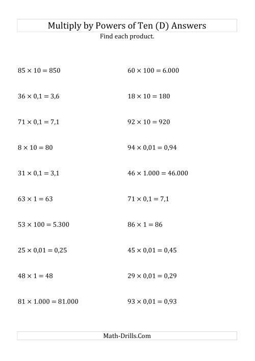 The Multiplying Whole Numbers by All Powers of Ten (Standard Form) (D) Math Worksheet Page 2