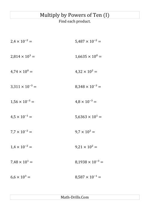 The Multiplying Decimals by All Powers of Ten (Exponent Form) (I) Math Worksheet
