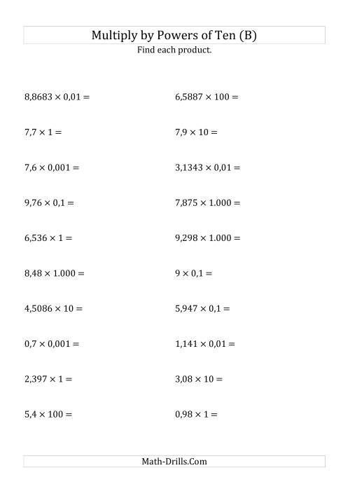 The Multiplying Decimals by All Powers of Ten (Standard Form) (B) Math Worksheet
