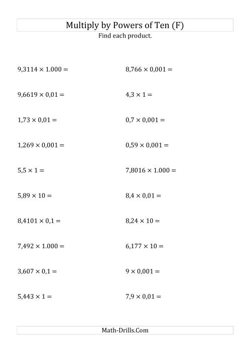 The Multiplying Decimals by All Powers of Ten (Standard Form) (F) Math Worksheet