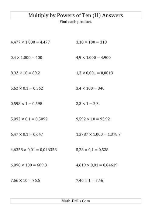 The Multiplying Decimals by All Powers of Ten (Standard Form) (H) Math Worksheet Page 2