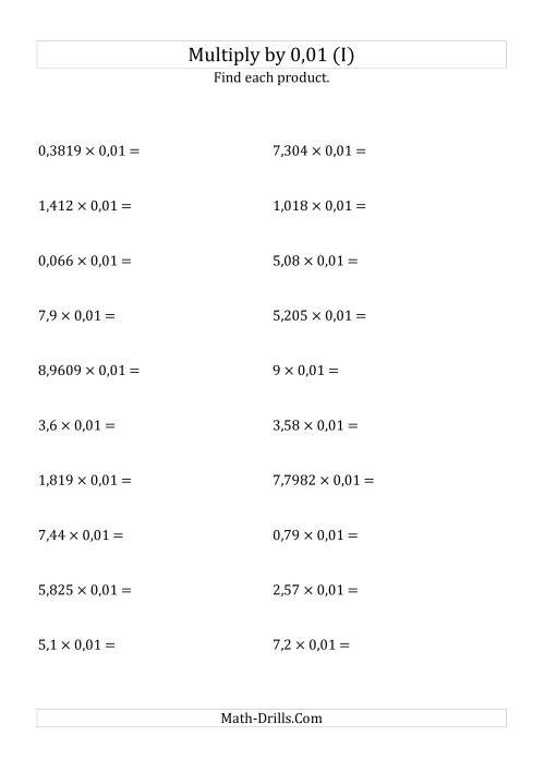 The Multiplying Decimals by 0,01 (I) Math Worksheet