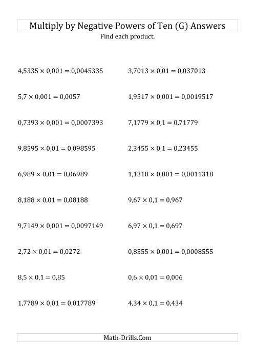 The Multiplying Decimals by Negative Powers of Ten (Standard Form) (G) Math Worksheet Page 2