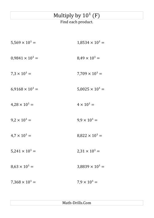 The Multiplying Decimals by 10<sup>1</sup> (F) Math Worksheet