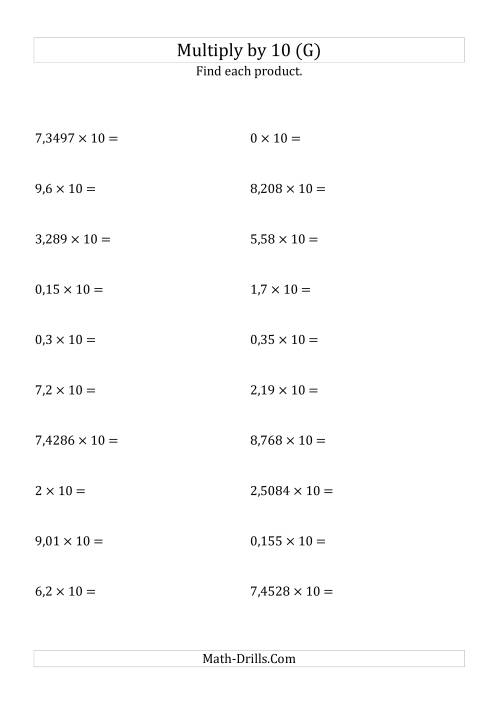 The Multiplying Decimals by 10 (G) Math Worksheet
