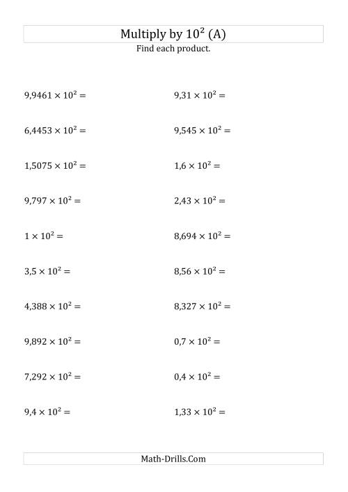 The Multiplying Decimals by 10<sup>2</sup> (All) Math Worksheet