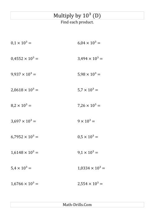 The Multiplying Decimals by 10<sup>3</sup> (D) Math Worksheet