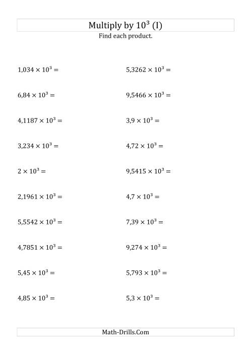 The Multiplying Decimals by 10<sup>3</sup> (I) Math Worksheet