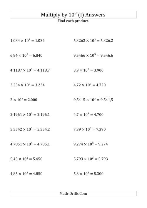 The Multiplying Decimals by 10<sup>3</sup> (I) Math Worksheet Page 2