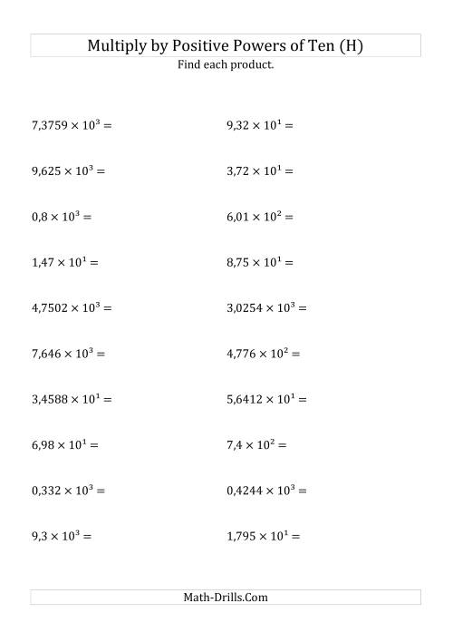 The Multiplying Decimals by Positive Powers of Ten (Exponent Form) (H) Math Worksheet