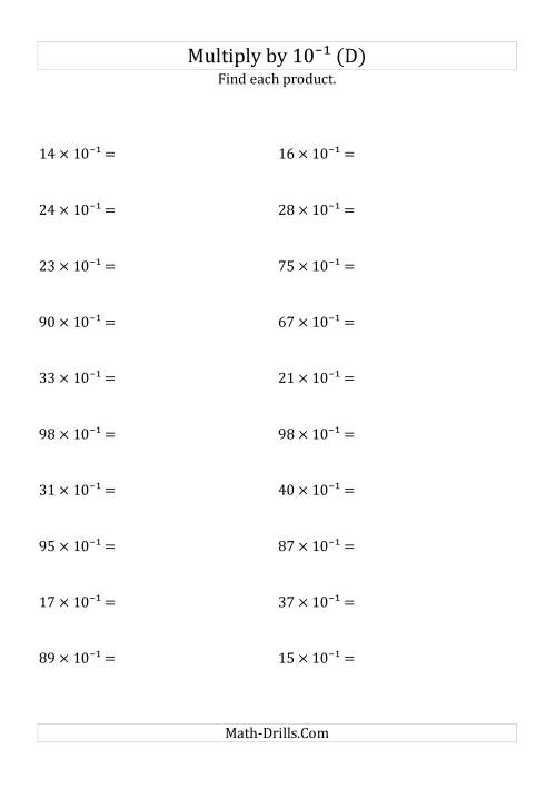 The Multiplying Whole Numbers by 10<sup>-1</sup> (D) Math Worksheet