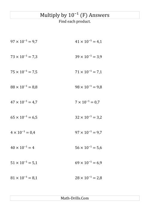The Multiplying Whole Numbers by 10<sup>-1</sup> (F) Math Worksheet Page 2