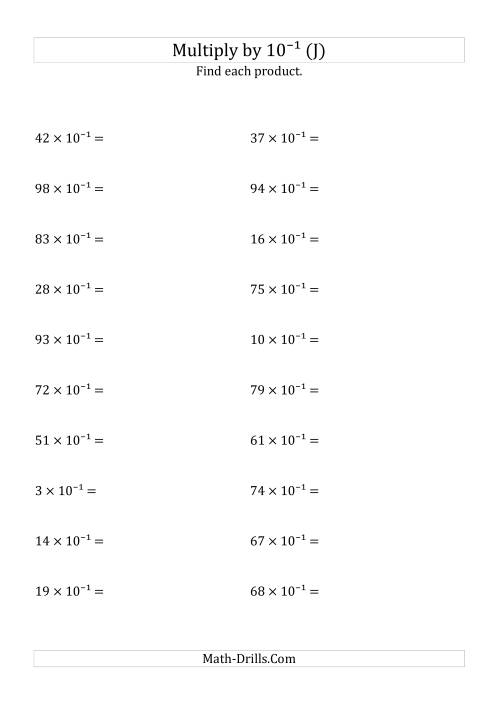 The Multiplying Whole Numbers by 10<sup>-1</sup> (J) Math Worksheet