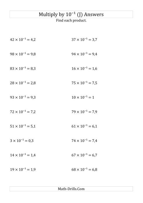 The Multiplying Whole Numbers by 10<sup>-1</sup> (J) Math Worksheet Page 2