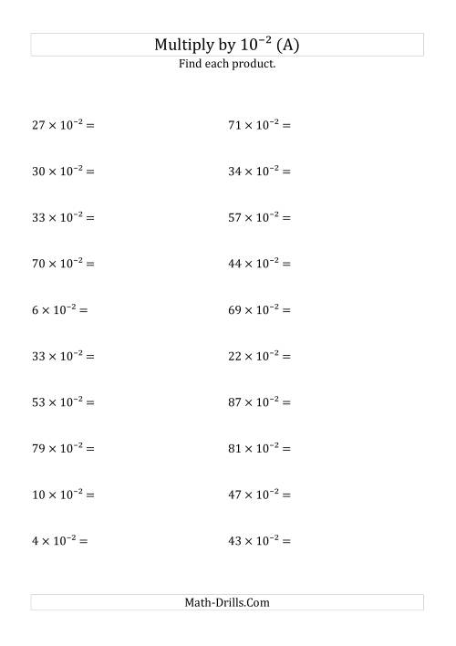 The Multiplying Whole Numbers by 10<sup>-2</sup> (All) Math Worksheet