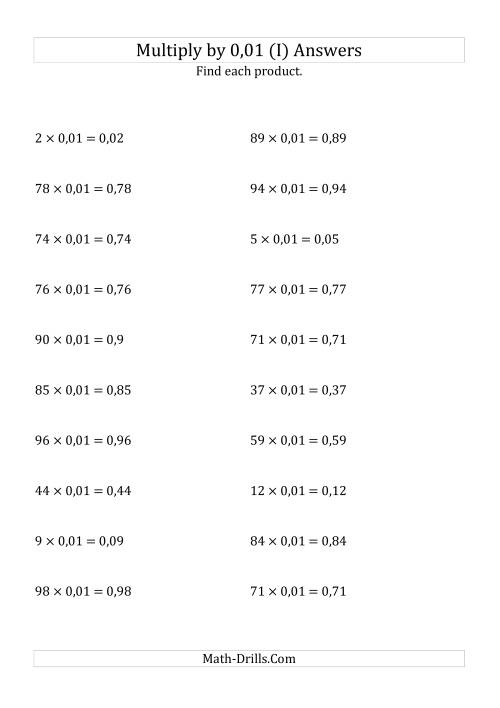 The Multiplying Whole Numbers by 0,01 (I) Math Worksheet Page 2