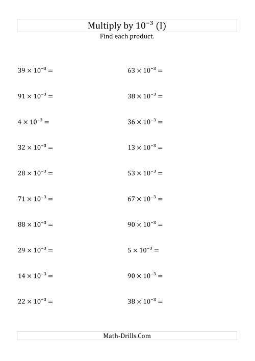 The Multiplying Whole Numbers by 10<sup>-3</sup> (I) Math Worksheet