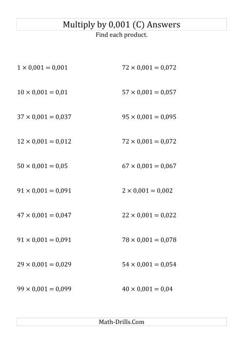 The Multiplying Whole Numbers by 0,001 (C) Math Worksheet Page 2
