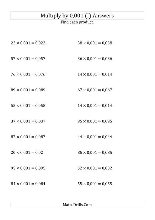 The Multiplying Whole Numbers by 0,001 (I) Math Worksheet Page 2