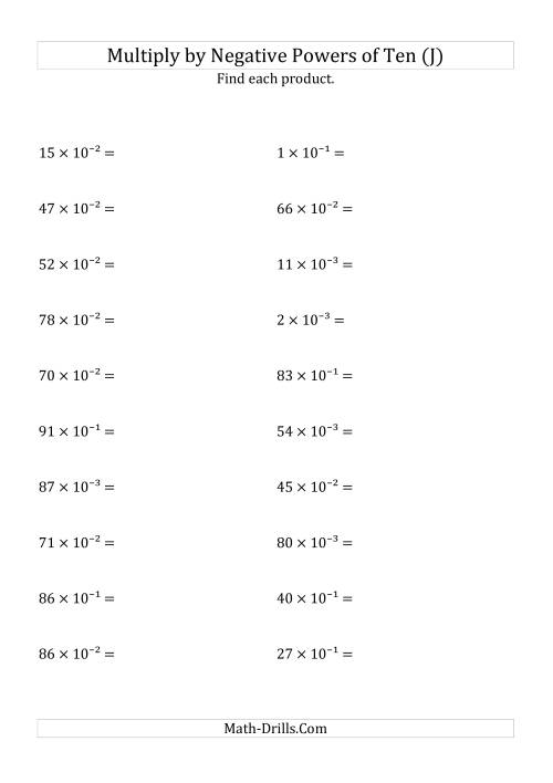 The Multiplying Whole Numbers by Negative Powers of Ten (Exponent Form) (J) Math Worksheet