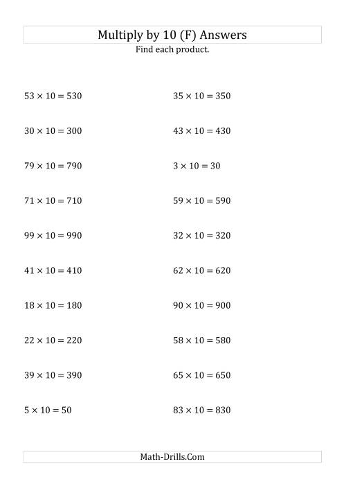 The Multiplying Whole Numbers by 10 (F) Math Worksheet Page 2