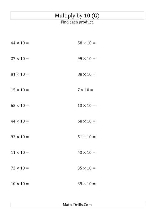 The Multiplying Whole Numbers by 10 (G) Math Worksheet
