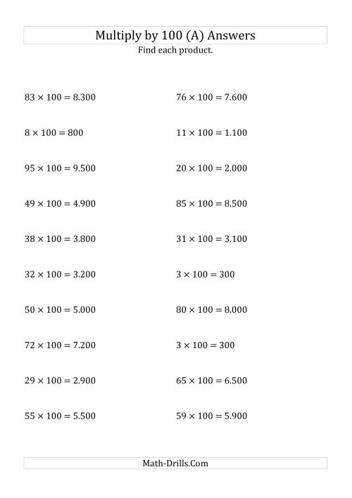 The Multiplying Whole Numbers by 100 (A) Math Worksheet Page 2