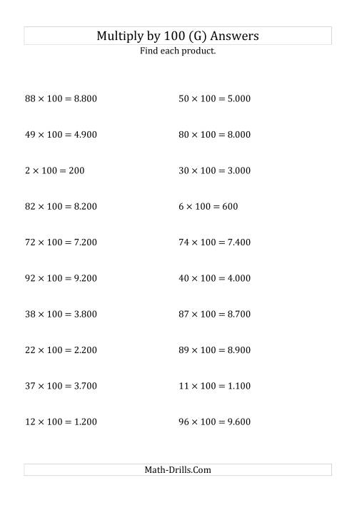 The Multiplying Whole Numbers by 100 (G) Math Worksheet Page 2