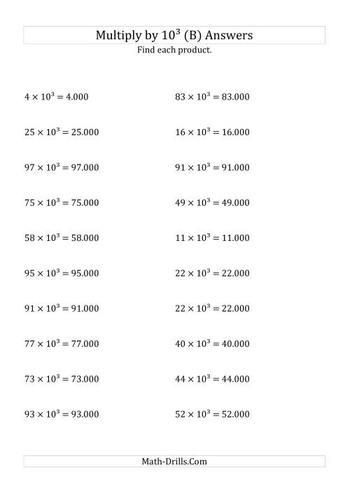 The Multiplying Whole Numbers by 10<sup>3</sup> (B) Math Worksheet Page 2