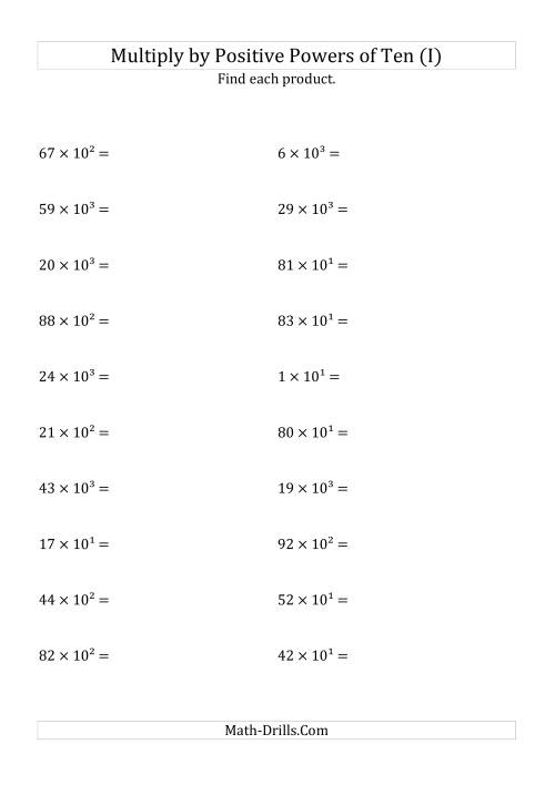 The Multiplying Whole Numbers by Positive Powers of Ten (Exponent Form) (I) Math Worksheet