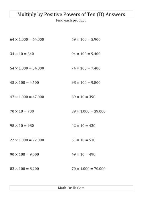 The Multiplying Whole Numbers by Positive Powers of Ten (Standard Form) (B) Math Worksheet Page 2