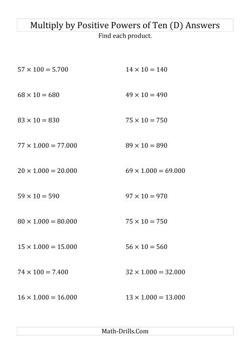 The Multiplying Whole Numbers by Positive Powers of Ten (Standard Form) (D) Math Worksheet Page 2
