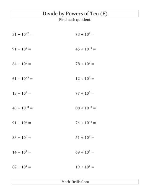 The Dividing Whole Numbers by All Powers of Ten (Exponent Form) (E) Math Worksheet
