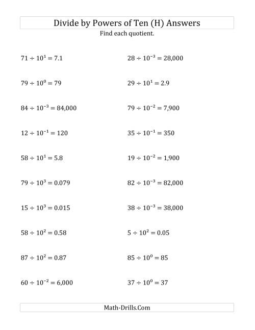 The Dividing Whole Numbers by All Powers of Ten (Exponent Form) (H) Math Worksheet Page 2