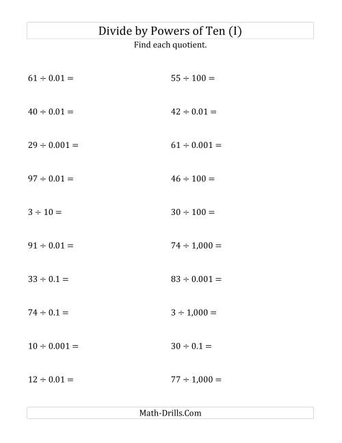 The Dividing Whole Numbers by All Powers of Ten (Standard Form) (I) Math Worksheet