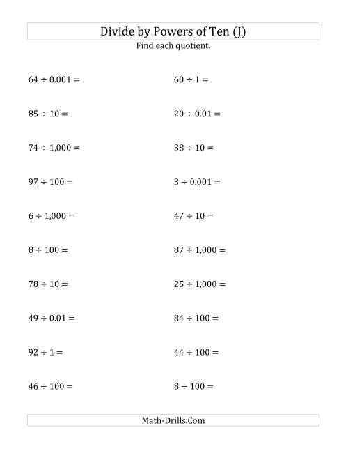 The Dividing Whole Numbers by All Powers of Ten (Standard Form) (J) Math Worksheet