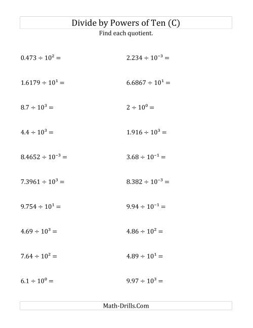 The Dividing Decimals by All Powers of Ten (Exponent Form) (C) Math Worksheet