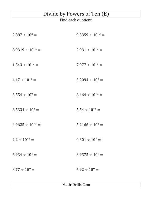 The Dividing Decimals by All Powers of Ten (Exponent Form) (E) Math Worksheet