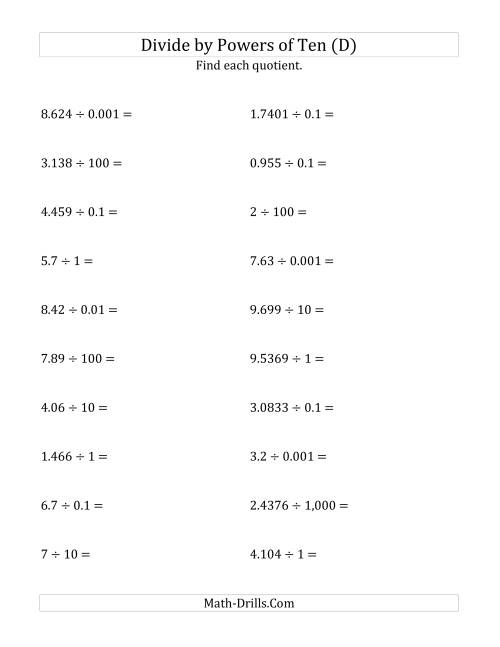The Dividing Decimals by All Powers of Ten (Standard Form) (D) Math Worksheet