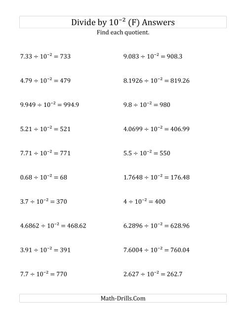 The Dividing Decimals by 10<sup>-2</sup> (F) Math Worksheet Page 2