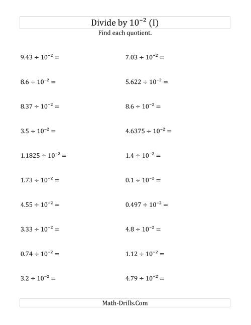 The Dividing Decimals by 10<sup>-2</sup> (I) Math Worksheet