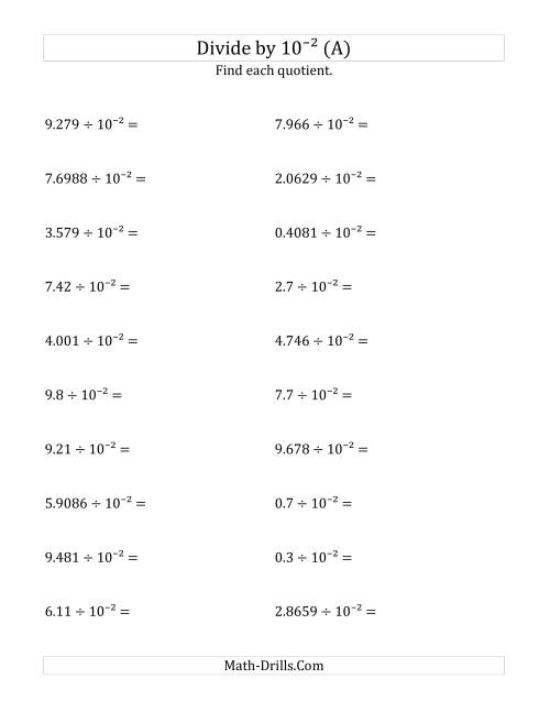 The Dividing Decimals by 10<sup>-2</sup> (All) Math Worksheet