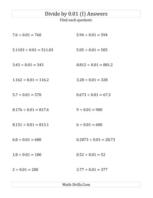 The Dividing Decimals by 0.01 (I) Math Worksheet Page 2