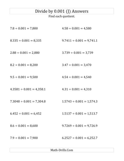 The Dividing Decimals by 0.001 (J) Math Worksheet Page 2