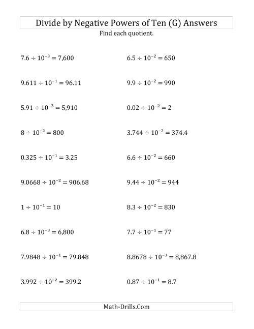 The Dividing Decimals by Negative Powers of Ten (Exponent Form) (G) Math Worksheet Page 2